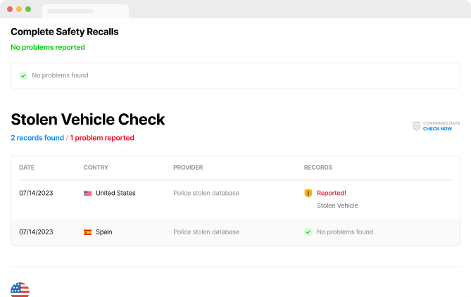 Stolen vehicle check screen shot